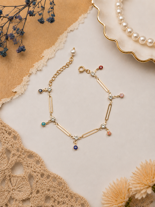 Gold Paperclip Chain Bracelet with Multicolor Evil Eye Charms | Protection Bracelet for Women