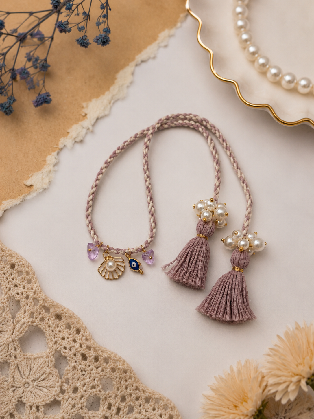 Mauve Tassel Bhabhi Rakhi - Pearl Evil Eye Gift Online Set