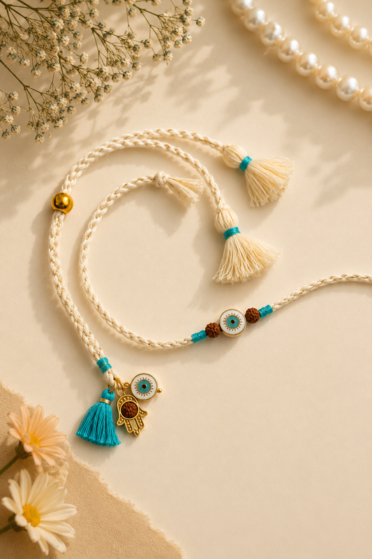 Cream Hamsa Evil Eye Rakhi Set