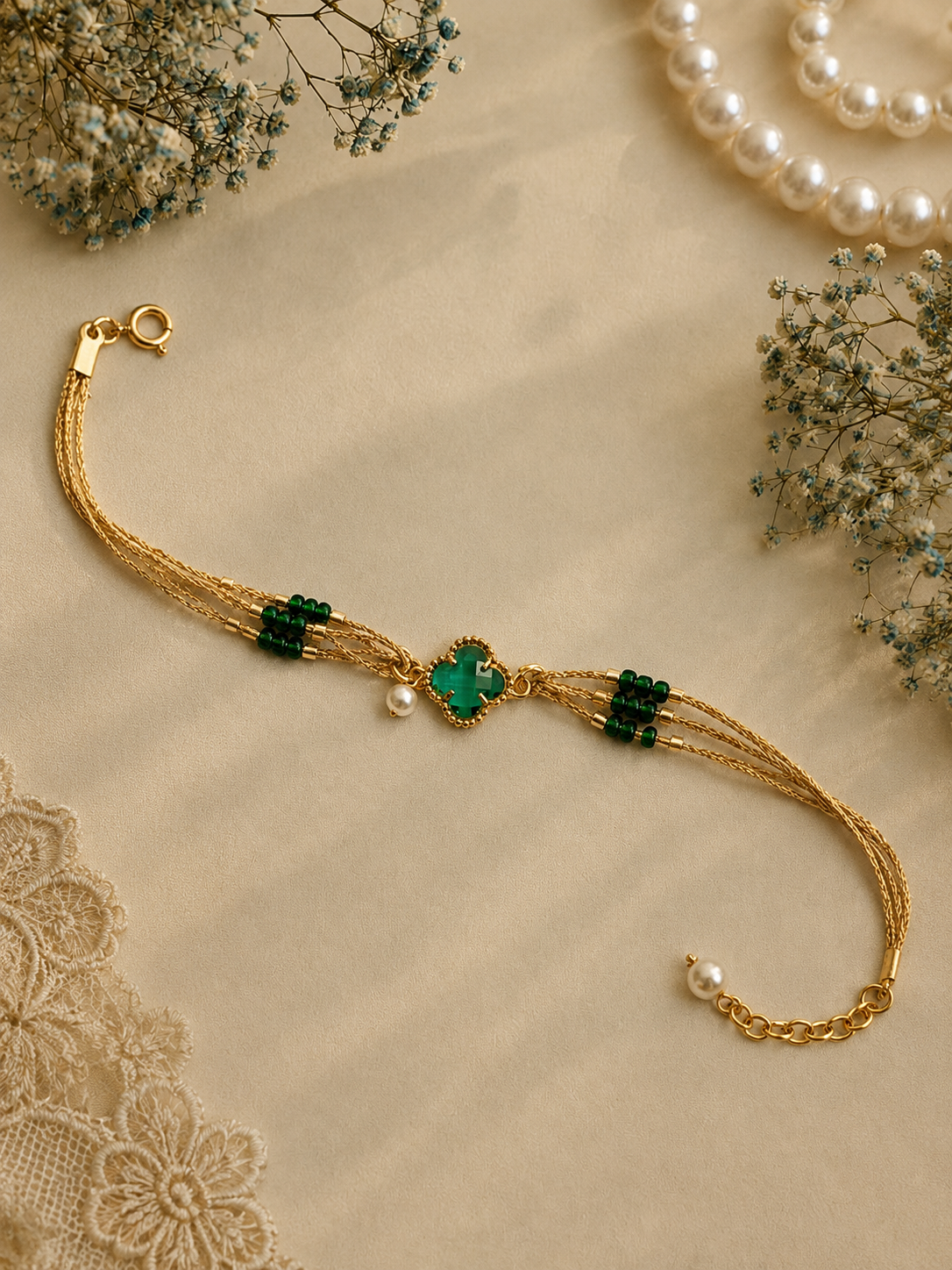 Green Clover Bhabhi Bracelet Rakhi with Pearl Charm Gift