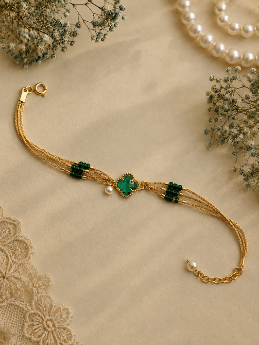 Green Clover Bhabhi Bracelet Rakhi with Pearl Charm Gift