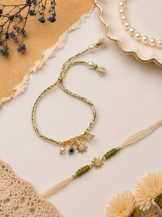 Green Evil Eye And Sun Charm  Rakhi Set for Brother