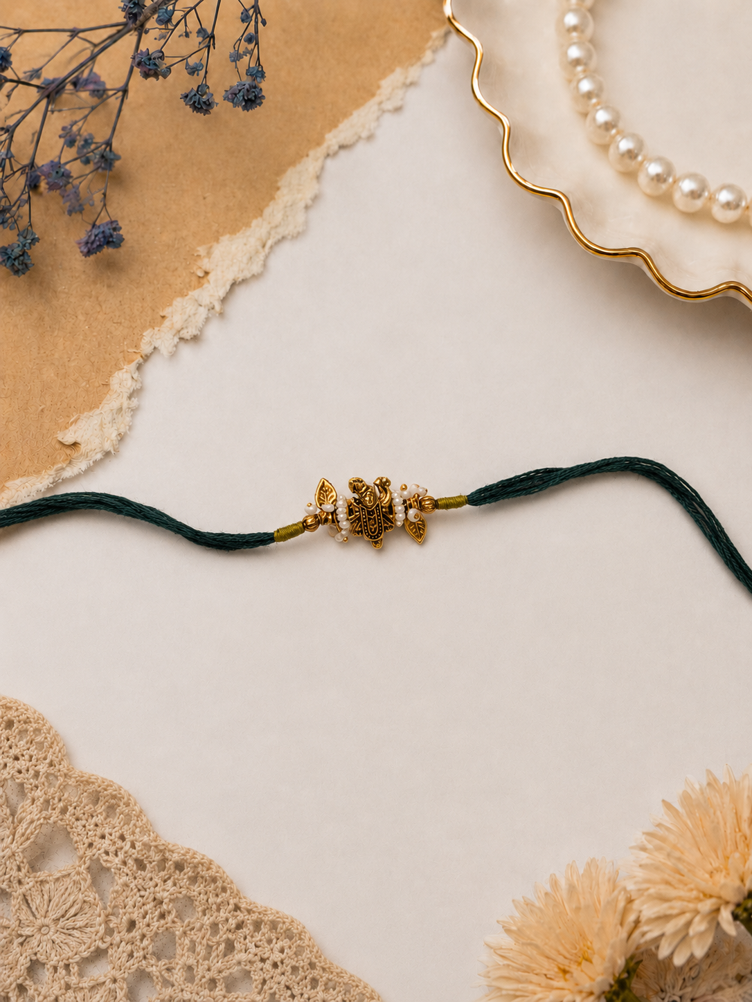 Teal Shreenath Ji  Bhabhi Rakhi with Pearl Lumba Gift Online Set