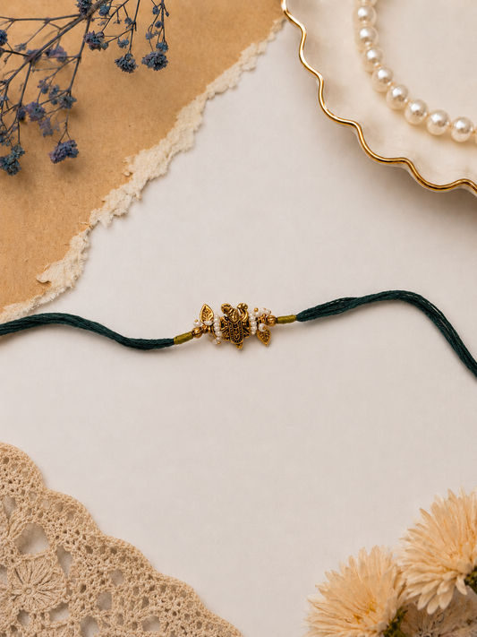 Teal Shreenath Ji  Bhabhi Rakhi with Pearl Lumba Gift Online Set