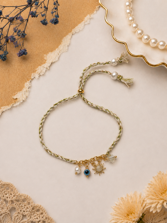 Sage Charm Bhabhi Rakhi Bracelet with Sun Motif Gift Set