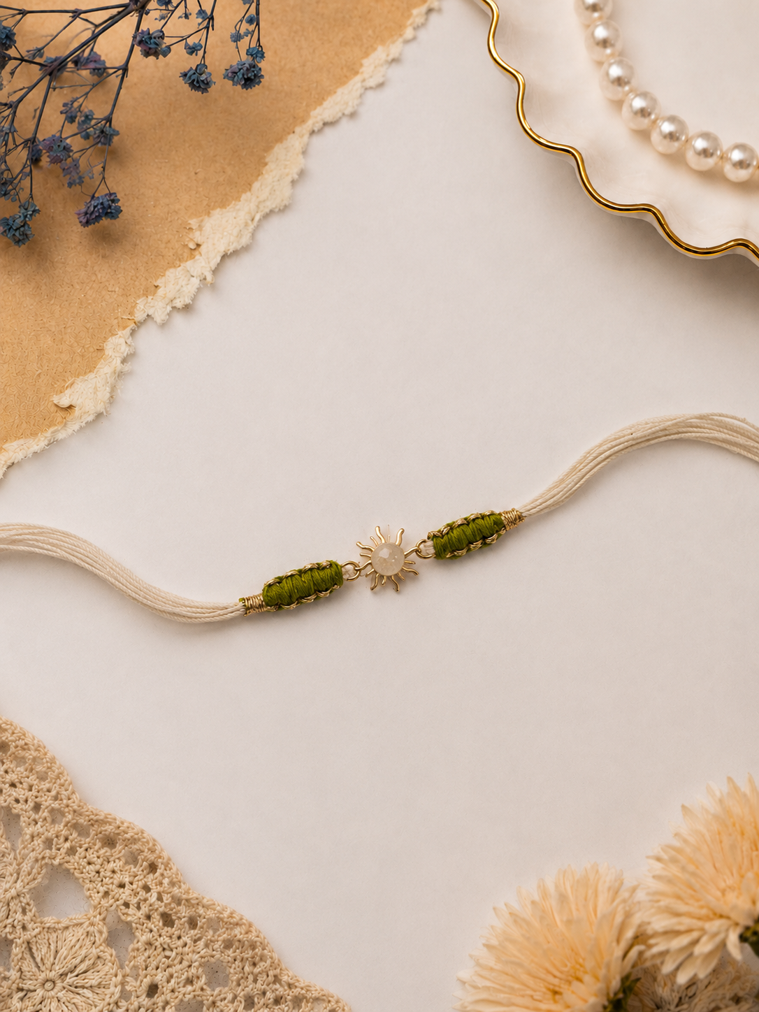 Ivory Thread Rakhi with Mother-of-Pearl Sun Pendant for Brother