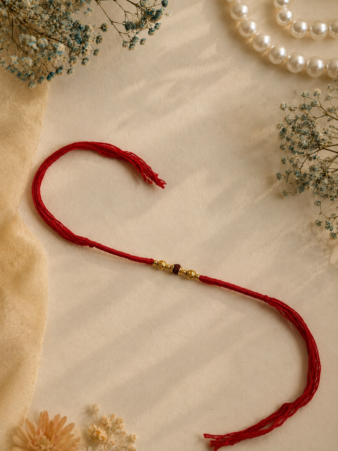 Red Thread Rakhi with Rudraksha and Gold Bead Charm for Brother