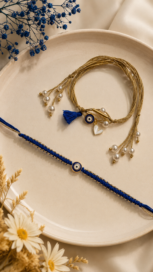 Blue Evil Eye Rakhi Set with Pearl Tassel