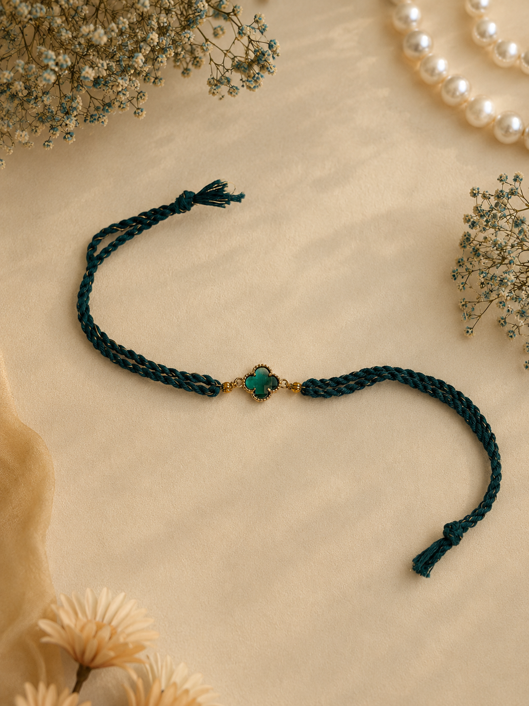Teal Braided Thread Rakhi with Green Clover Gold Charm for Brother