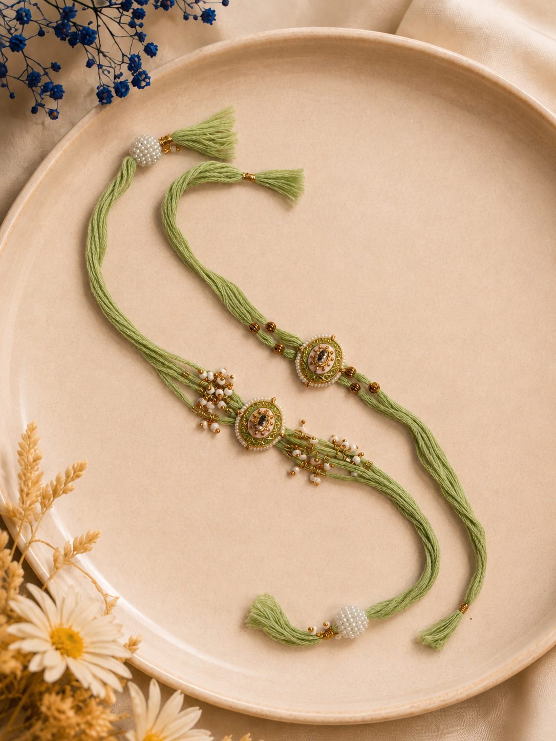 Green Pearl Designer Rakhi Set for Brother