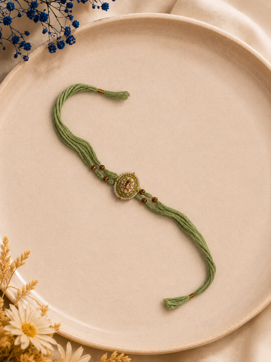 Green Meenakari Rakhi with Pearl Beads for Bhai
