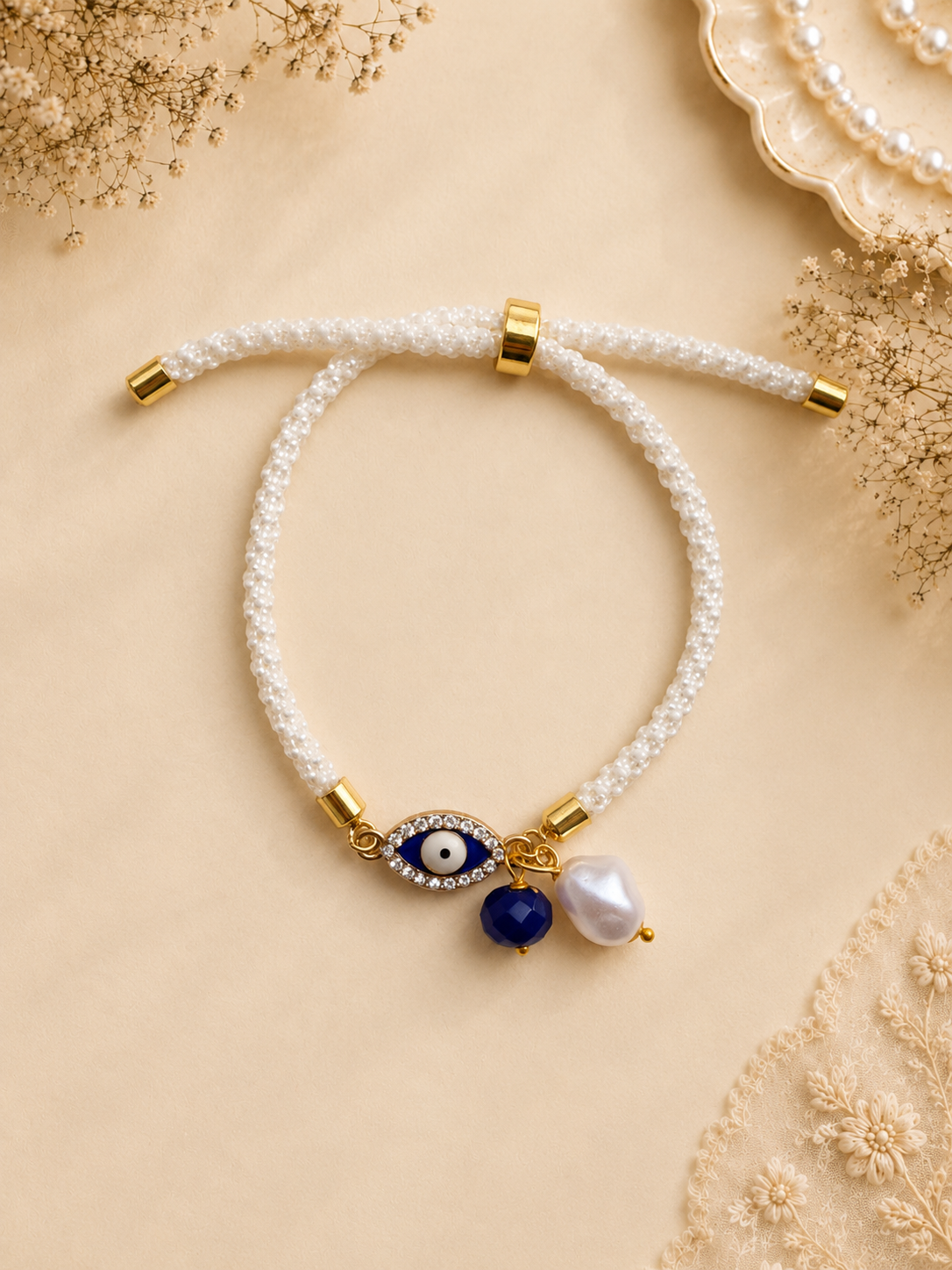 White Pearl Nazar Bhabhi Rakhi - Premium Lumba Gift Set