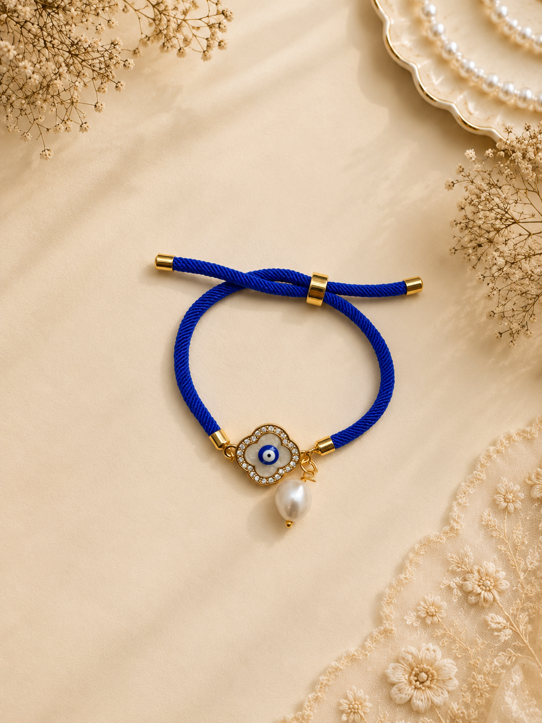 Blue Nazar Flower Bhabhi Rakhi - Designer Lumba Gift Set