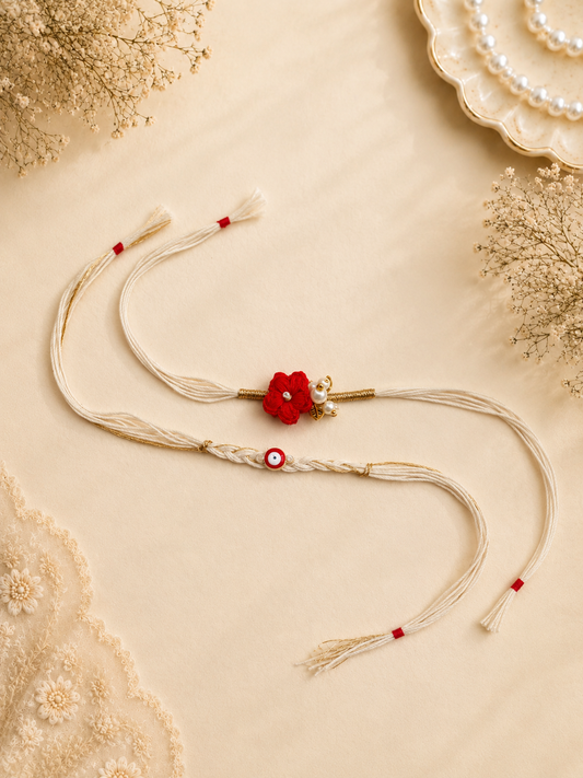 Red Flower Evil Eye Rakhi Set