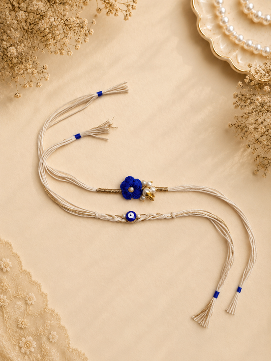 Blue Flower Evil Eye Rakhi Set