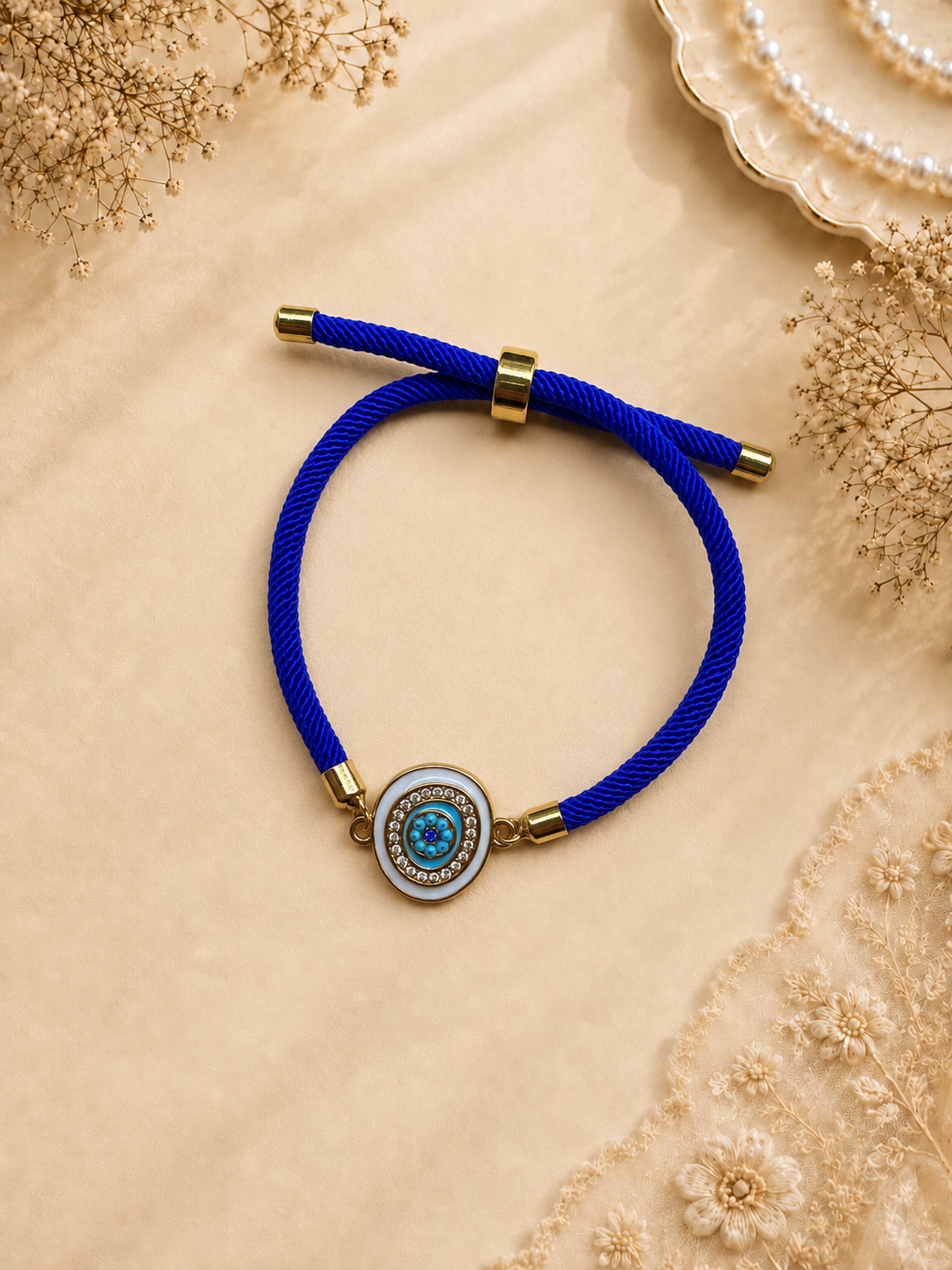 Royal Blue Rope Evil Eye Bracelet with Oval Crystal Nazar Charm for Her