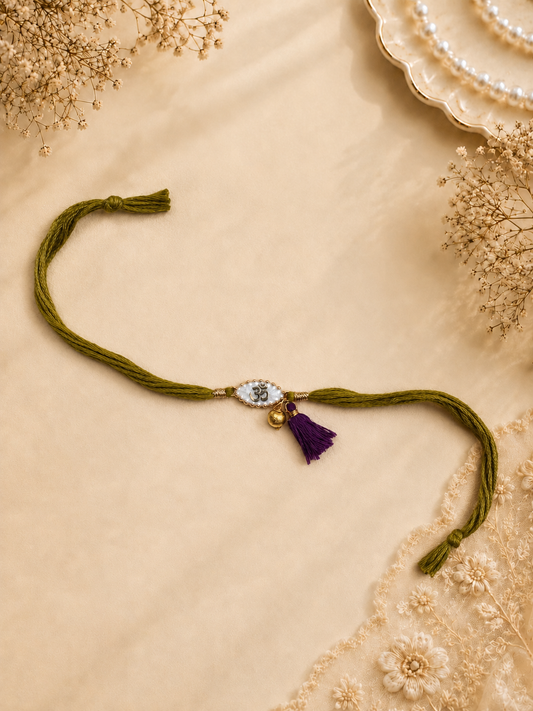 Green Om Tassel Bhabhi Rakhi - Spiritual Lumba Gift Online
