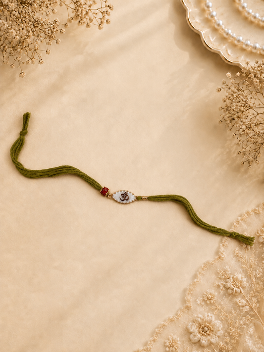 Olive Green Thread Rakhi with Mother-of-Pearl Om Pendant for Brother