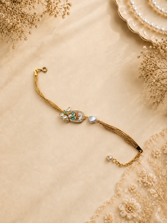 Gold Pearl Chain Bhabhi Rakhi - Luxury Lumba Bracelet Gift