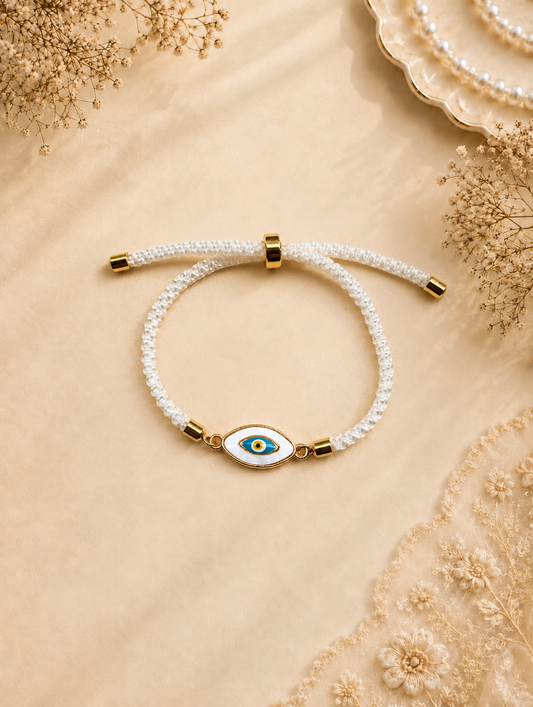 White Seed Bead Evil Eye Bracelet with Turquoise Nazar Charm for Her