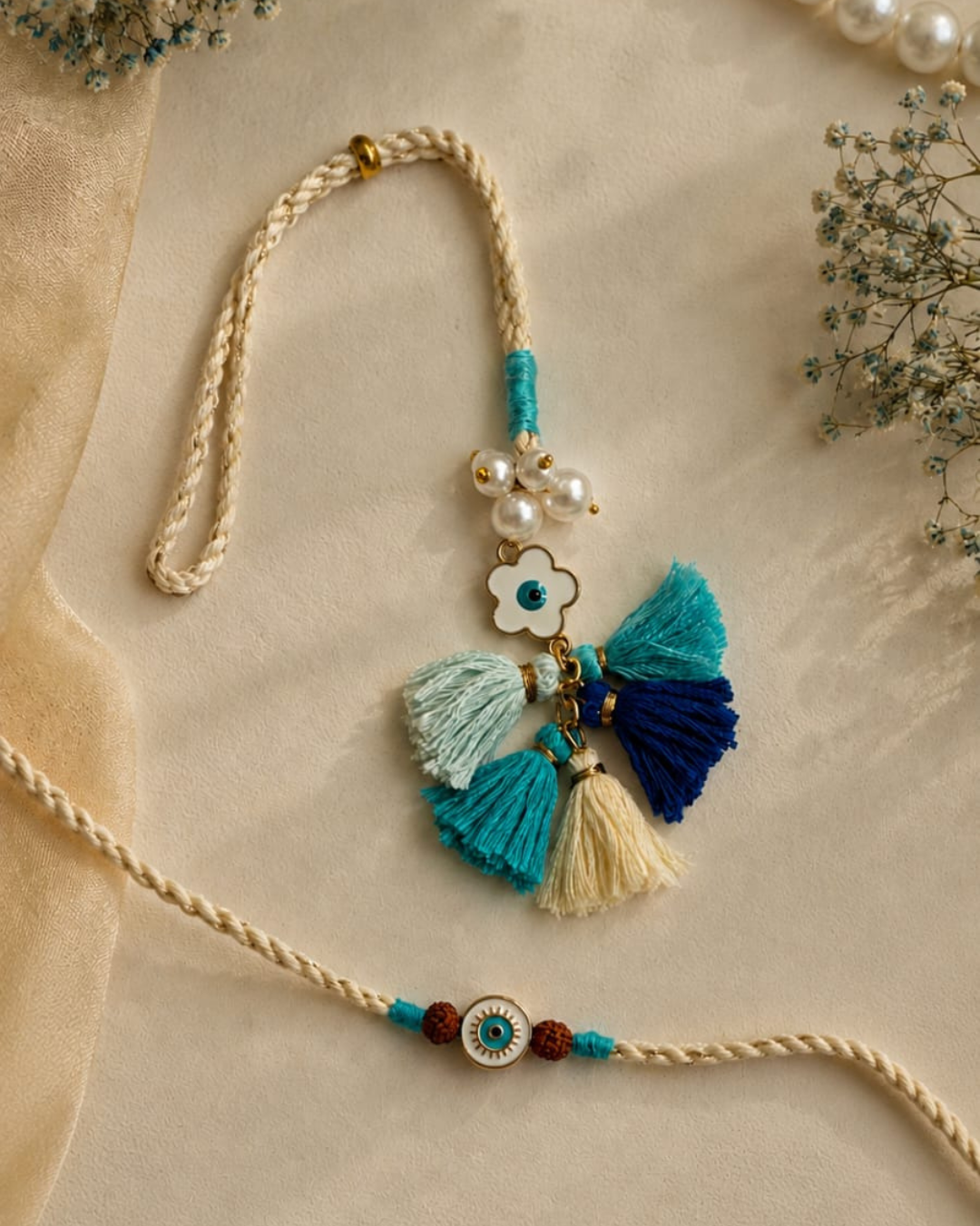 Blue Evil Eye Bhai Bhabhi Rakhi Set