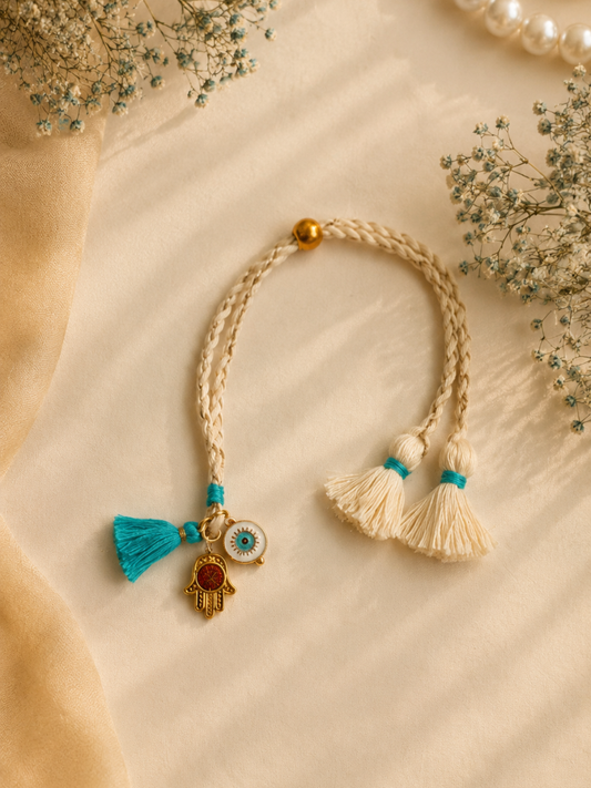 Ivory Hamsa Evil Eye Bhabhi Rakhi with Tassel Gift for Her