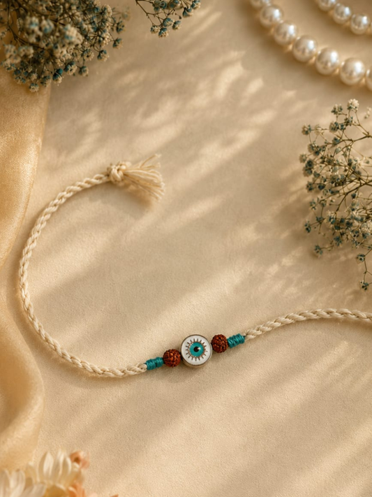 Ivory Thread Rakhi with Evil Eye Charm & Rudraksha for Bhai