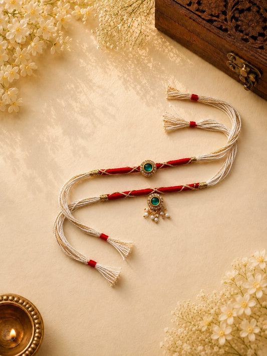 Red White Designer Rakhi Set with Green Stone Traditional Raksha Bandhan Gift