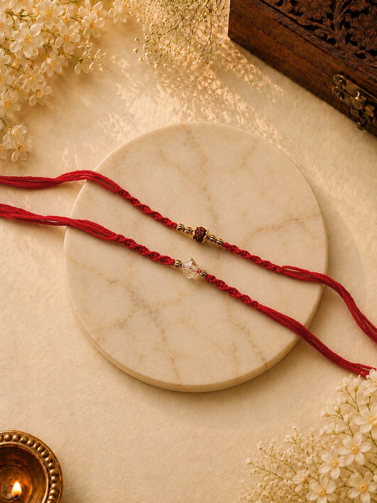 Red Thread Rudraksha Rakhi Set for Brother Traditional Raksha Bandhan