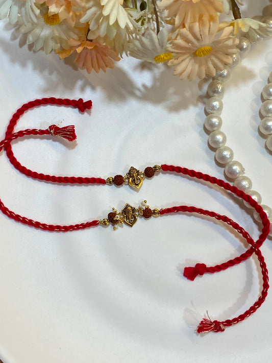 Ganesha Rudraksha Rakhi Set of 2 – Traditional Red Thread Rakhi for Brothers