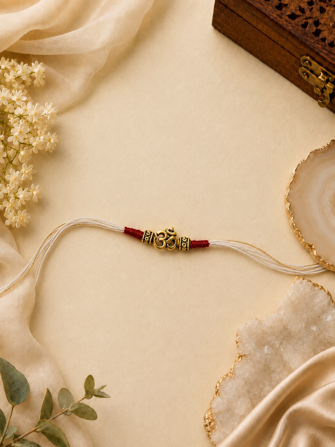 Om Rakhi with Antique Gold Beads on White Thread for Bhai