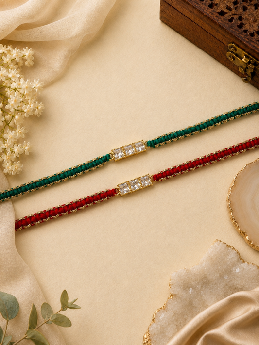 Red Green AD Stone Rakhi Set for Brother