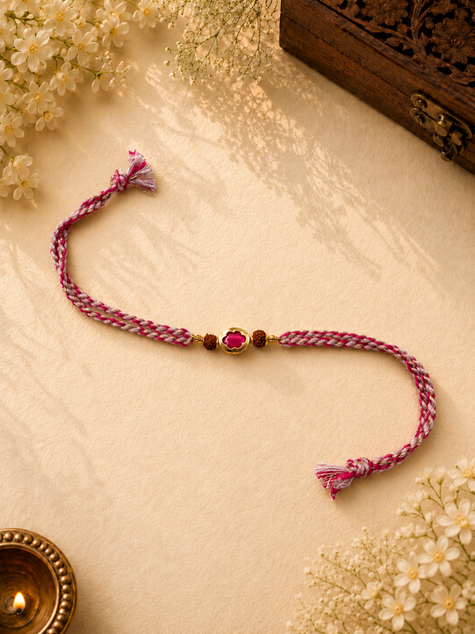 Pink Rudraksha Beads Rakhi with Floral Stone for Bhai