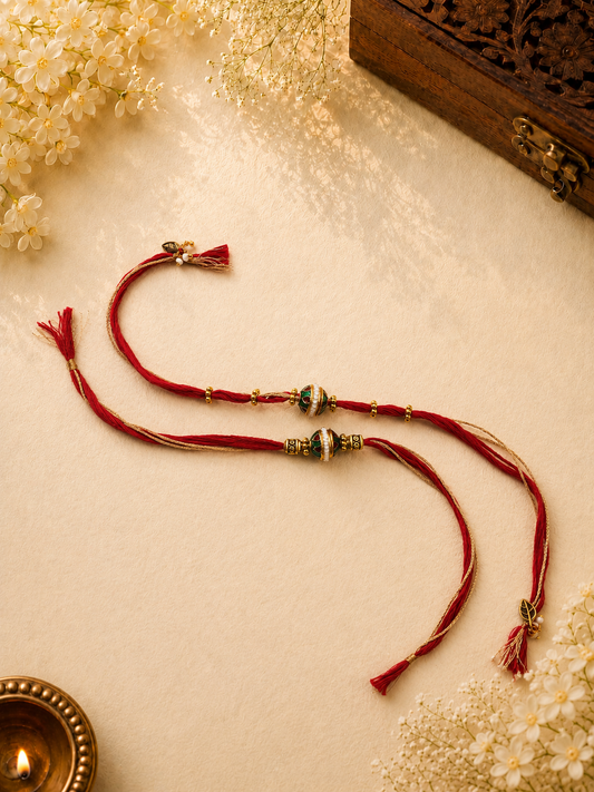 Red Green Bhai Bhabhi Rakhi Set Traditional Designer Pair