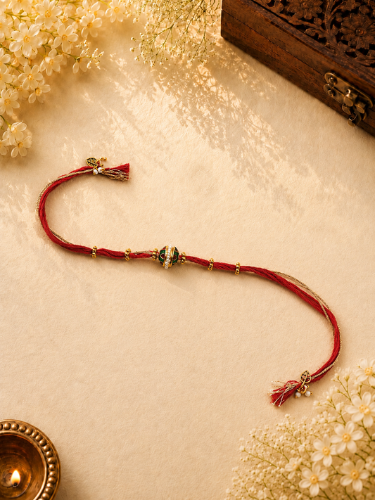 Red Gold Thread Rakhi with Kundan Bead for Bhabhi