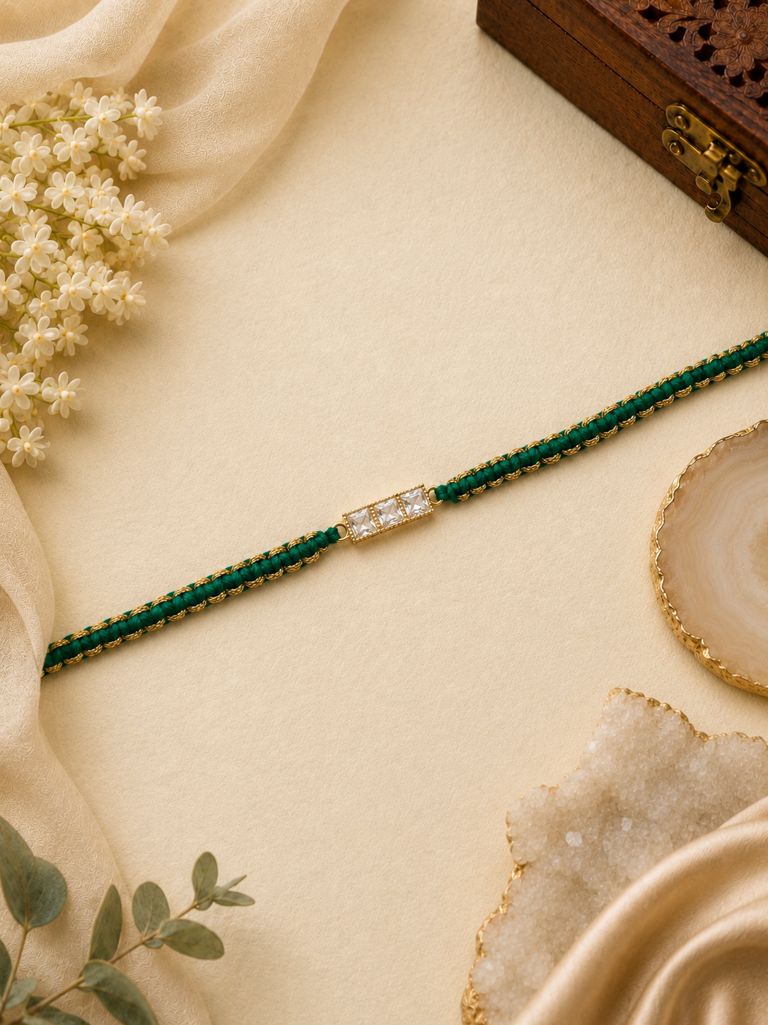 Green Macramé Thread Rakhi with Crystal Stones for Bhabhi