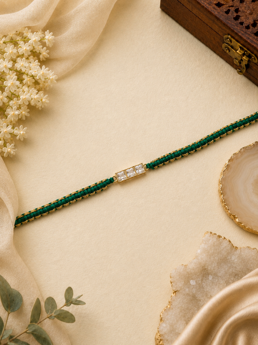 Green Macramé Thread Rakhi with Crystal Stones for Bhabhi